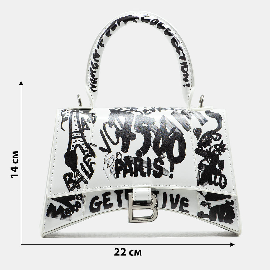BALENCIAGA HOURGLASS GRAFFITI TOP HANDLE BAG IN WHITE