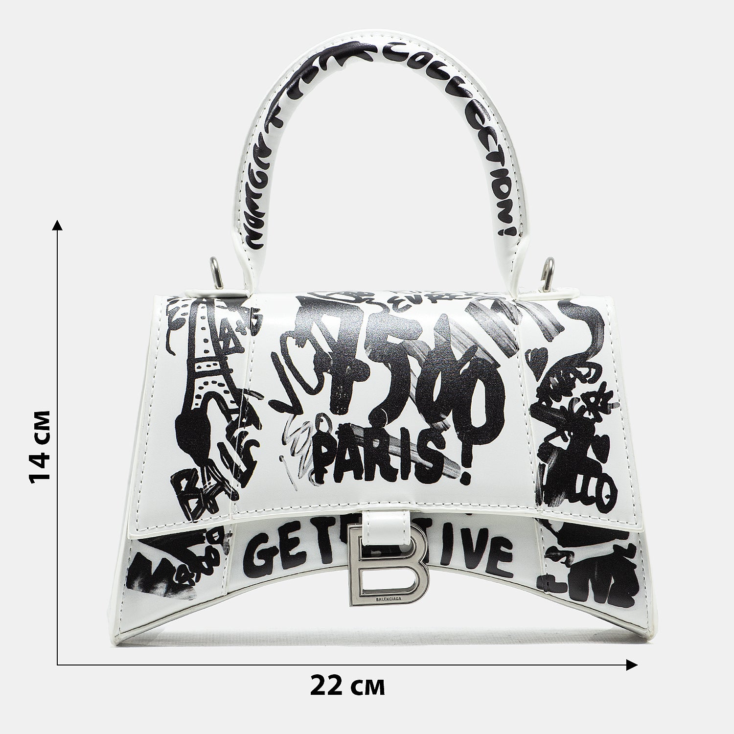 BALENCIAGA HOURGLASS GRAFFITI TOP HANDLE BAG IN WHITE