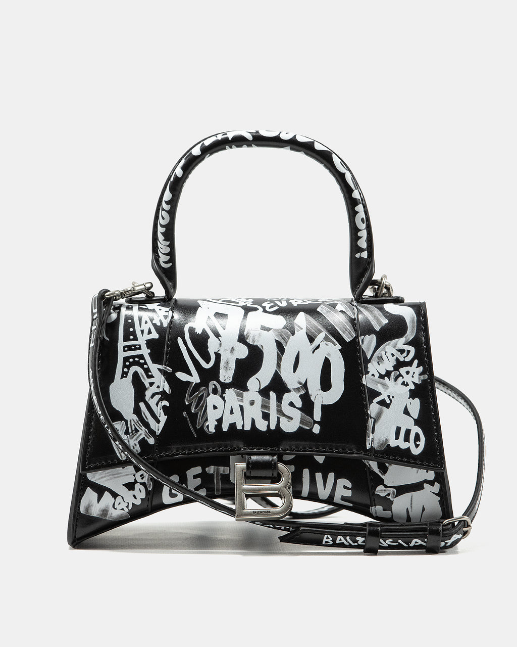 BALENCIAGA HOURGLASS GRAFFITI TOP HANDLE BAG IN BLACK