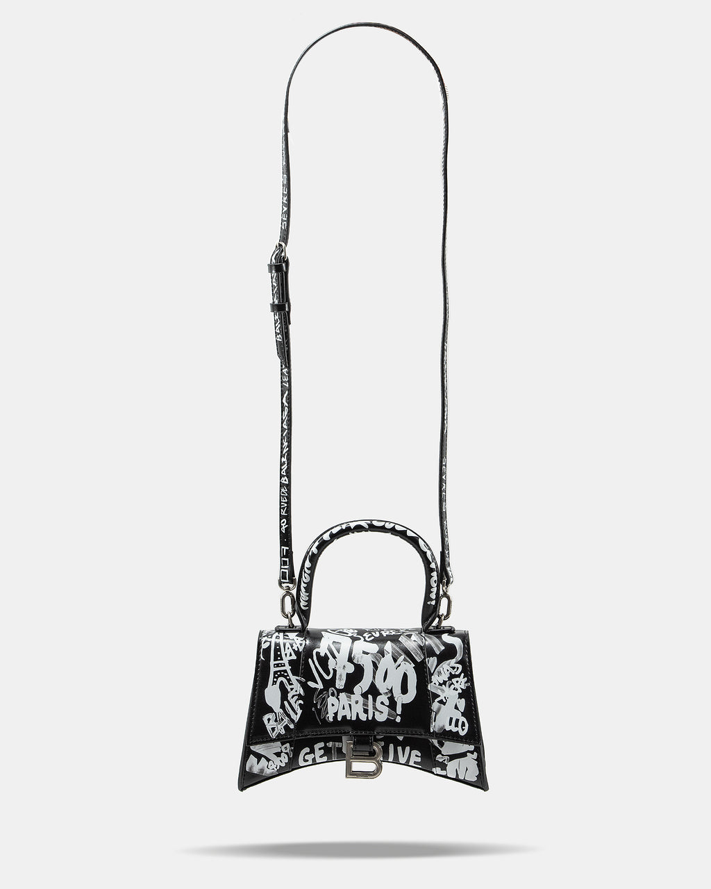 BALENCIAGA HOURGLASS GRAFFITI TOP HANDLE BAG IN BLACK