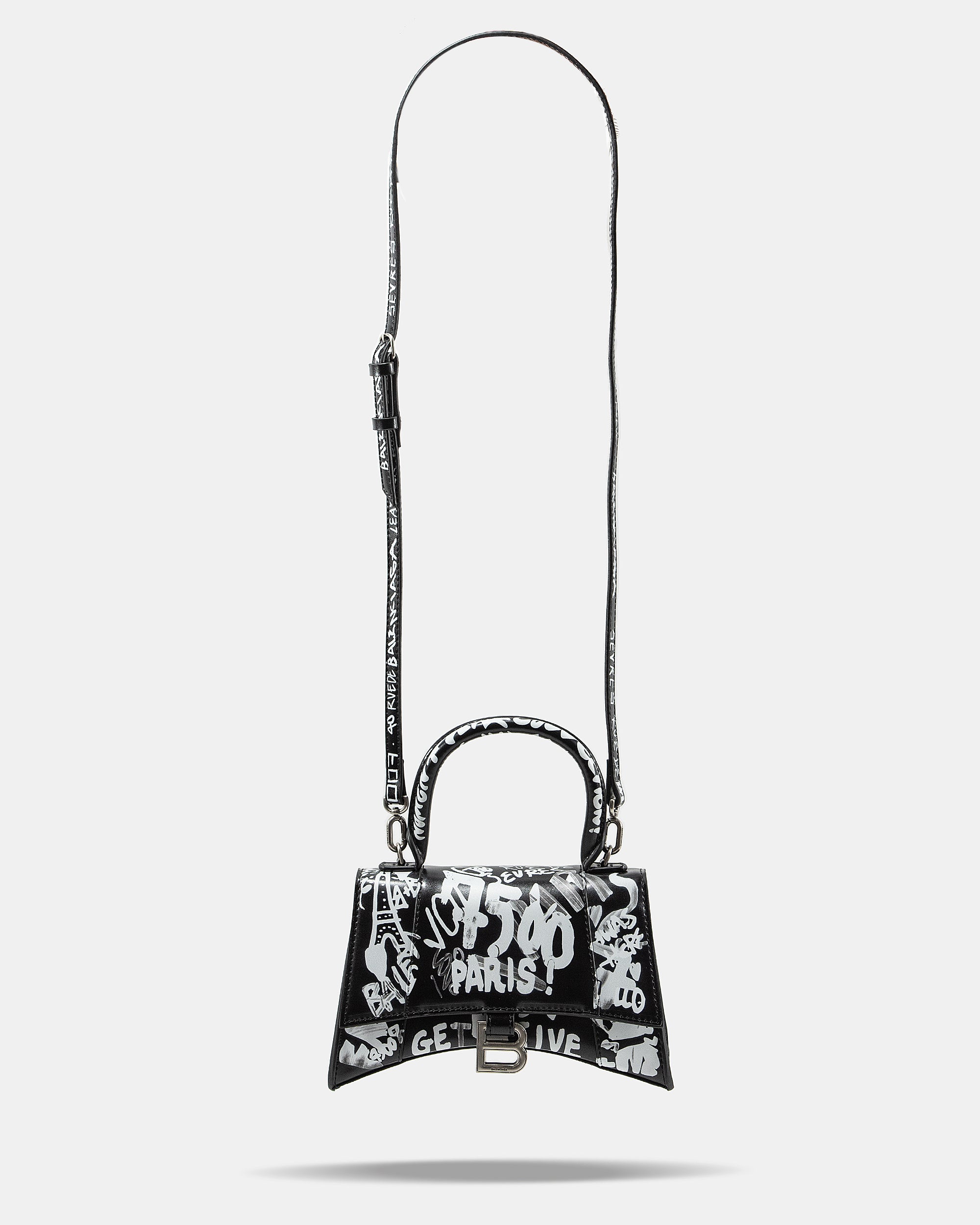 BALENCIAGA HOURGLASS GRAFFITI TOP HANDLE BAG IN BLACK