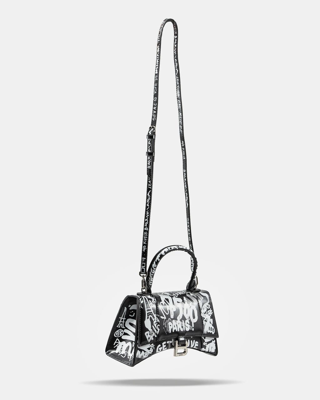 BALENCIAGA HOURGLASS GRAFFITI TOP HANDLE BAG IN BLACK