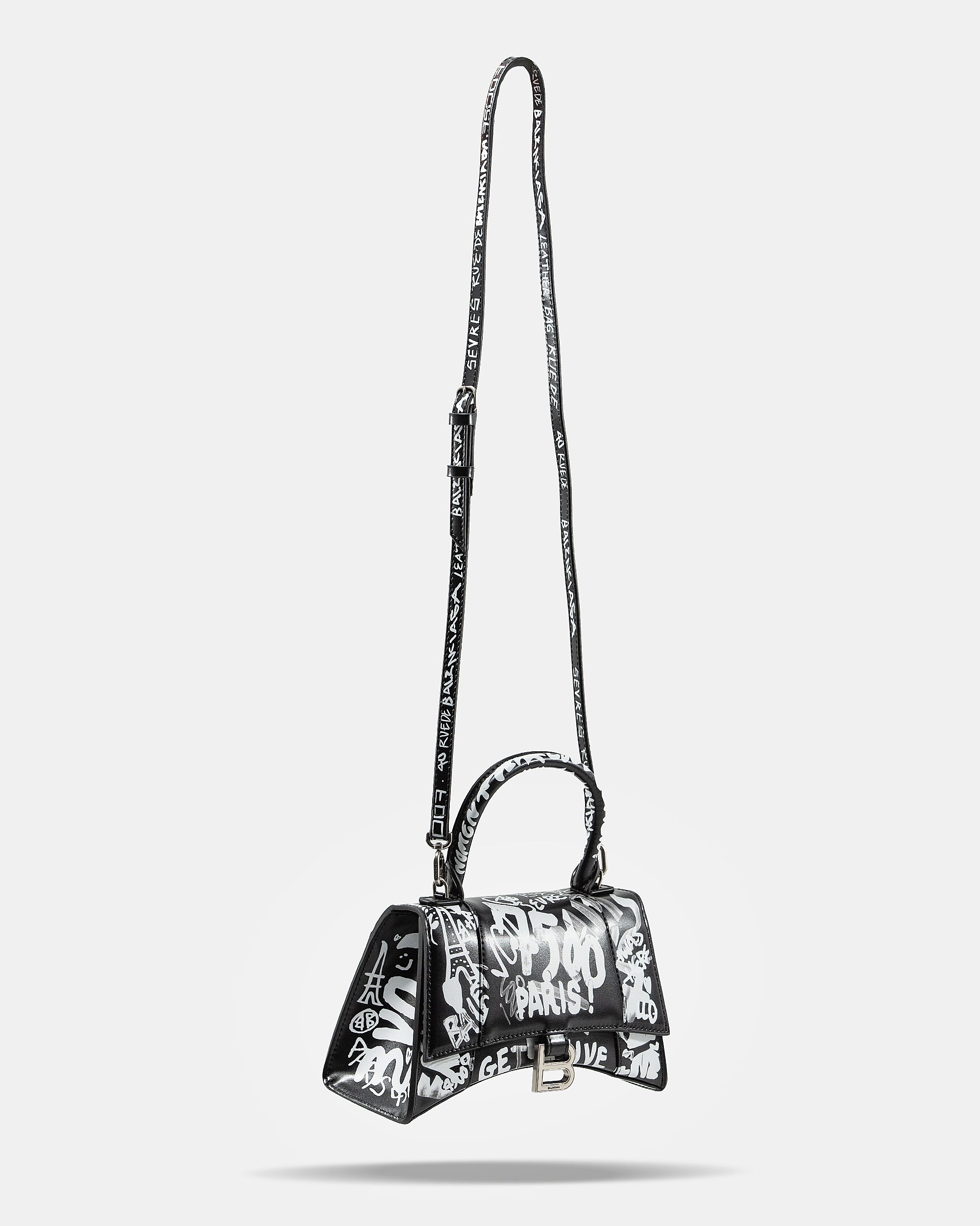 BALENCIAGA HOURGLASS GRAFFITI TOP HANDLE BAG IN BLACK