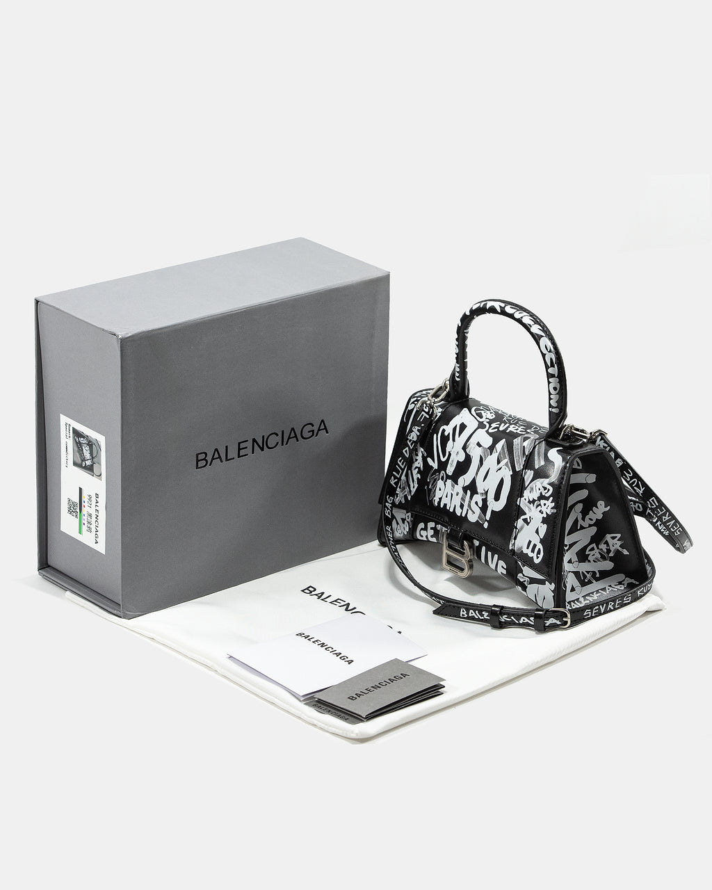 BALENCIAGA HOURGLASS GRAFFITI TOP HANDLE BAG IN BLACK