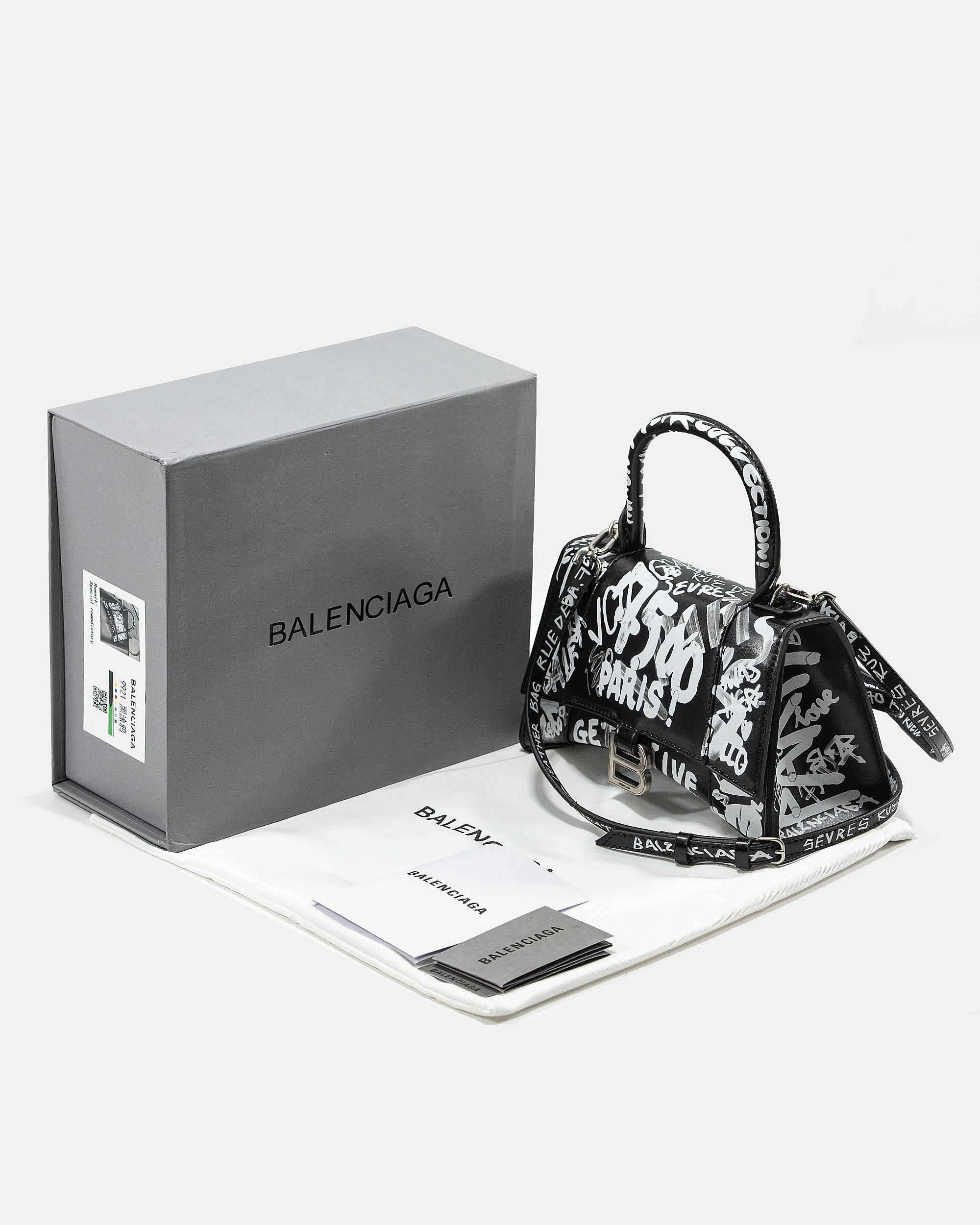 BALENCIAGA HOURGLASS GRAFFITI TOP HANDLE BAG IN BLACK