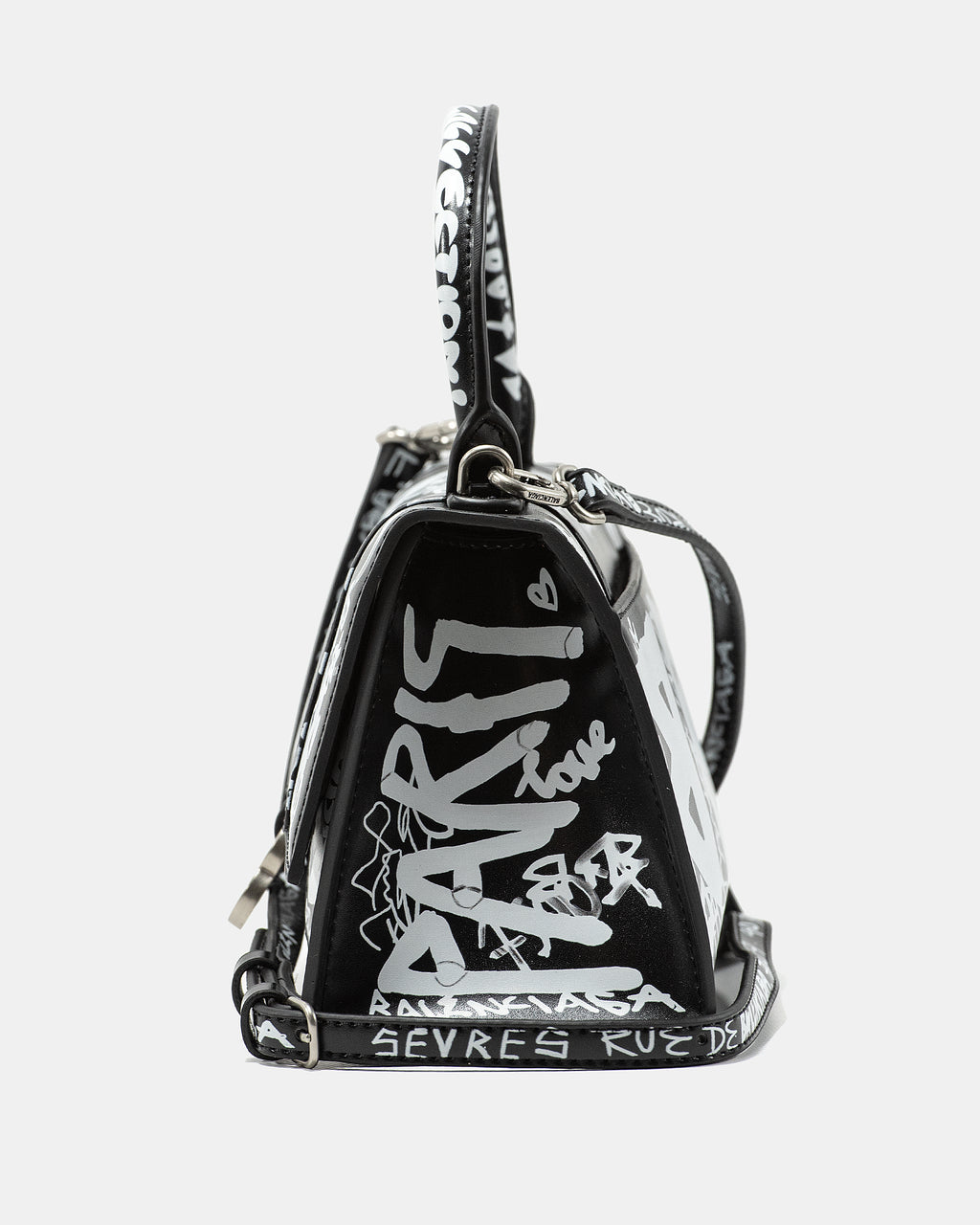 BALENCIAGA HOURGLASS GRAFFITI TOP HANDLE BAG IN BLACK