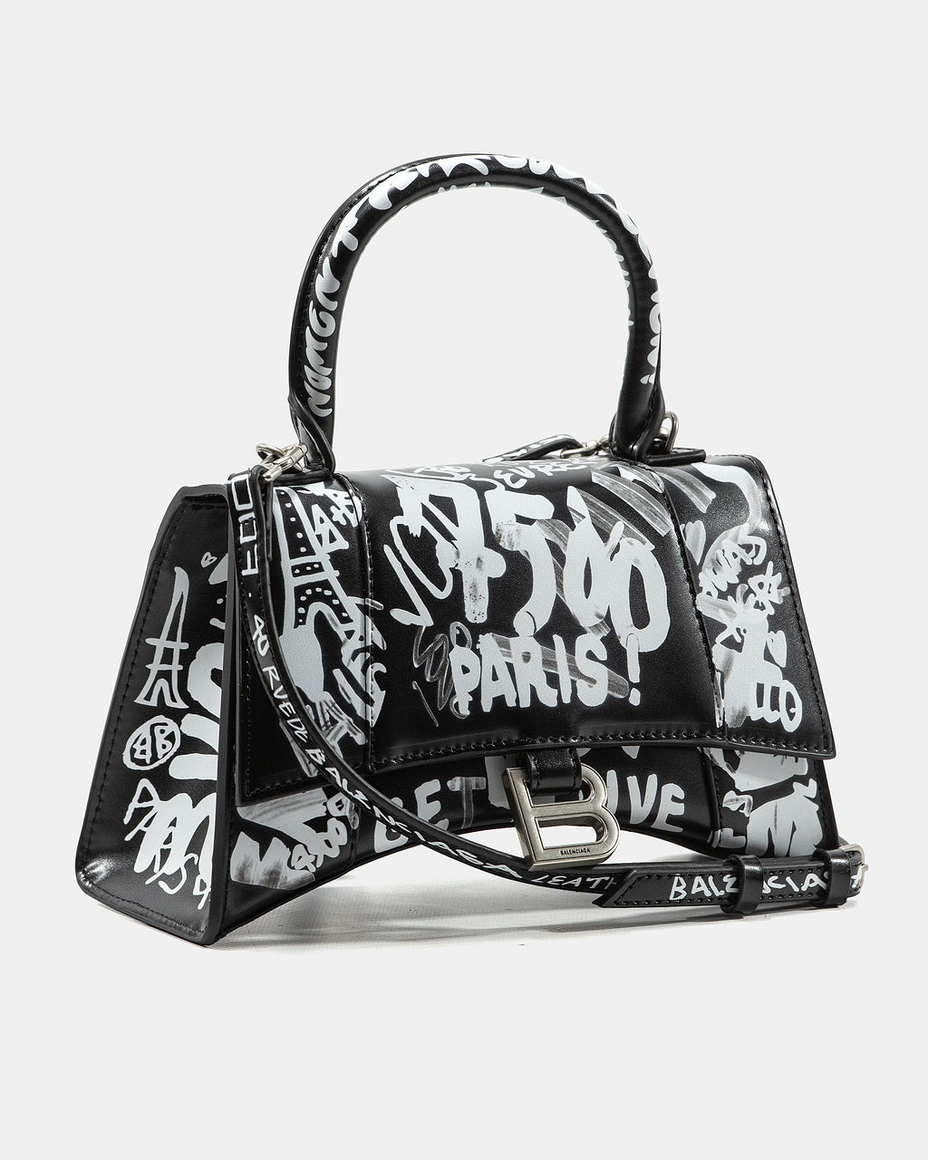 BALENCIAGA HOURGLASS GRAFFITI TOP HANDLE BAG IN BLACK