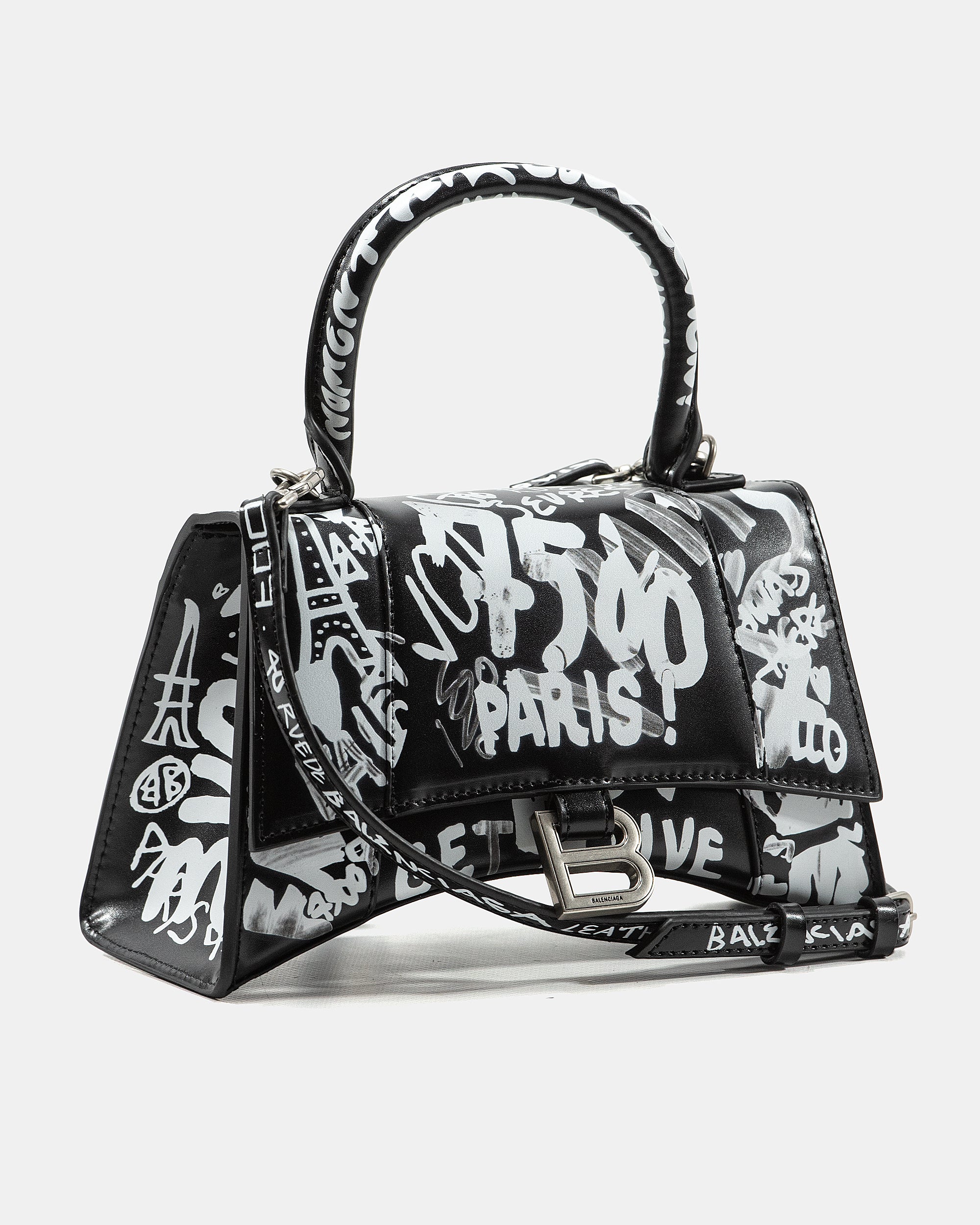 BALENCIAGA HOURGLASS GRAFFITI TOP HANDLE BAG IN BLACK