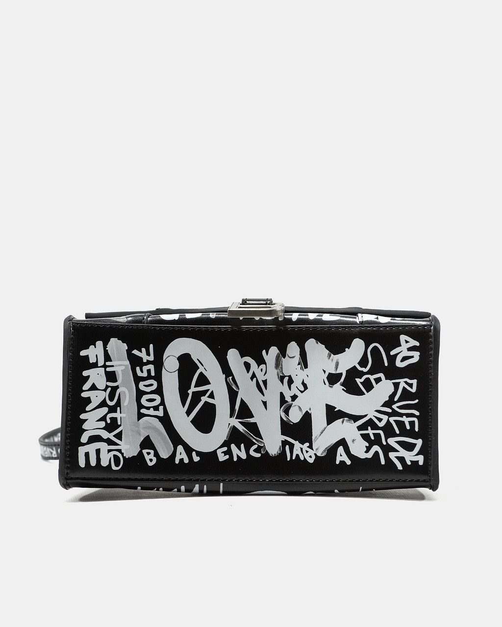 BALENCIAGA HOURGLASS GRAFFITI TOP HANDLE BAG IN BLACK
