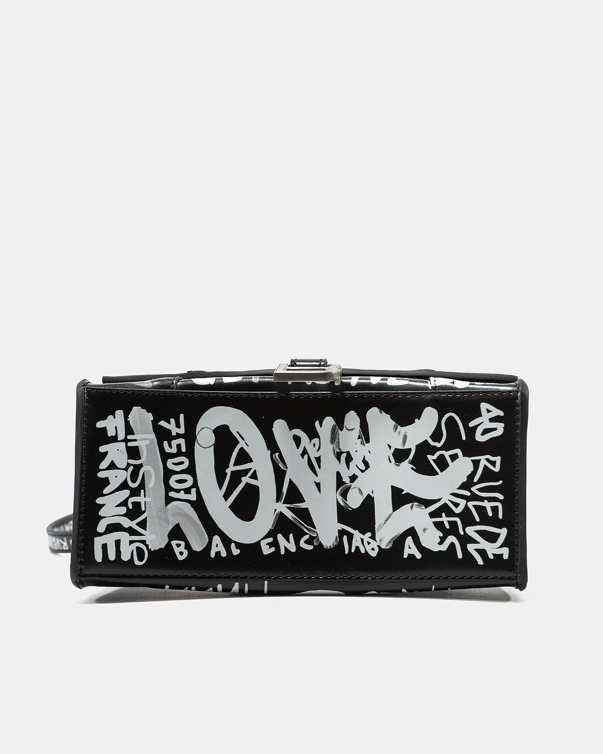 BALENCIAGA HOURGLASS GRAFFITI TOP HANDLE BAG IN BLACK