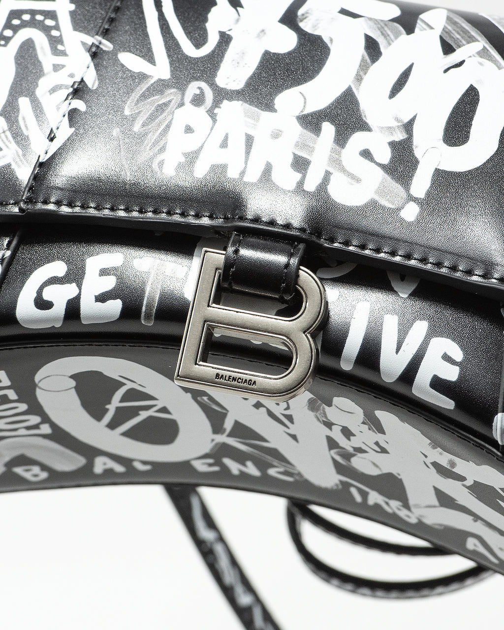 BALENCIAGA HOURGLASS GRAFFITI TOP HANDLE BAG IN BLACK