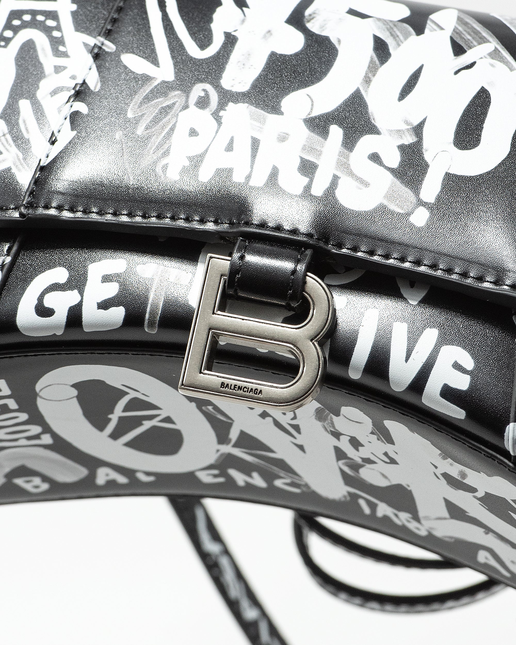 BALENCIAGA HOURGLASS GRAFFITI TOP HANDLE BAG IN BLACK