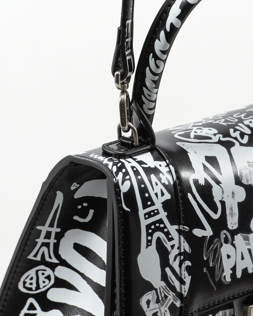 BALENCIAGA HOURGLASS GRAFFITI TOP HANDLE BAG IN BLACK