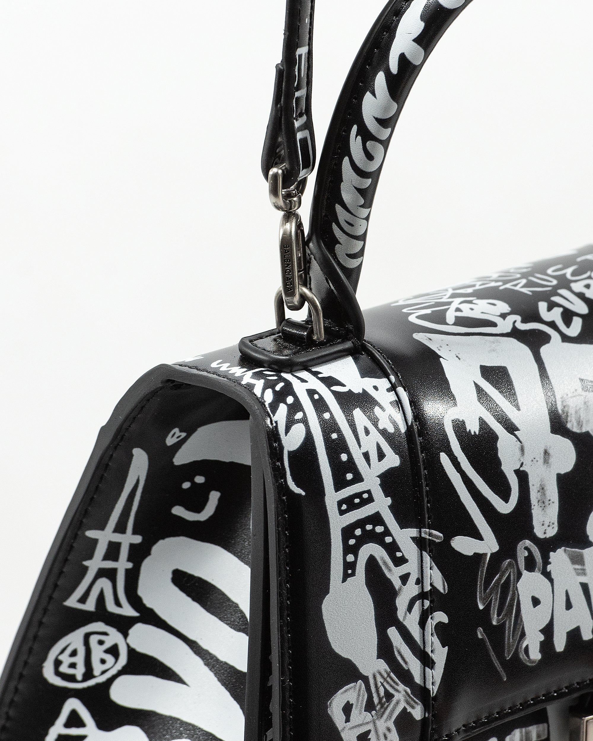 BALENCIAGA HOURGLASS GRAFFITI TOP HANDLE BAG IN BLACK