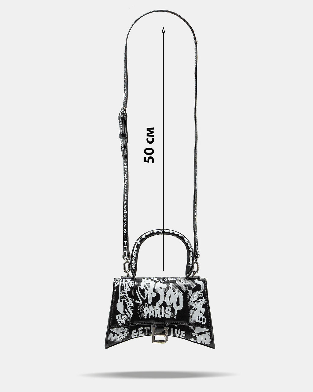 BALENCIAGA HOURGLASS GRAFFITI TOP HANDLE BAG IN BLACK