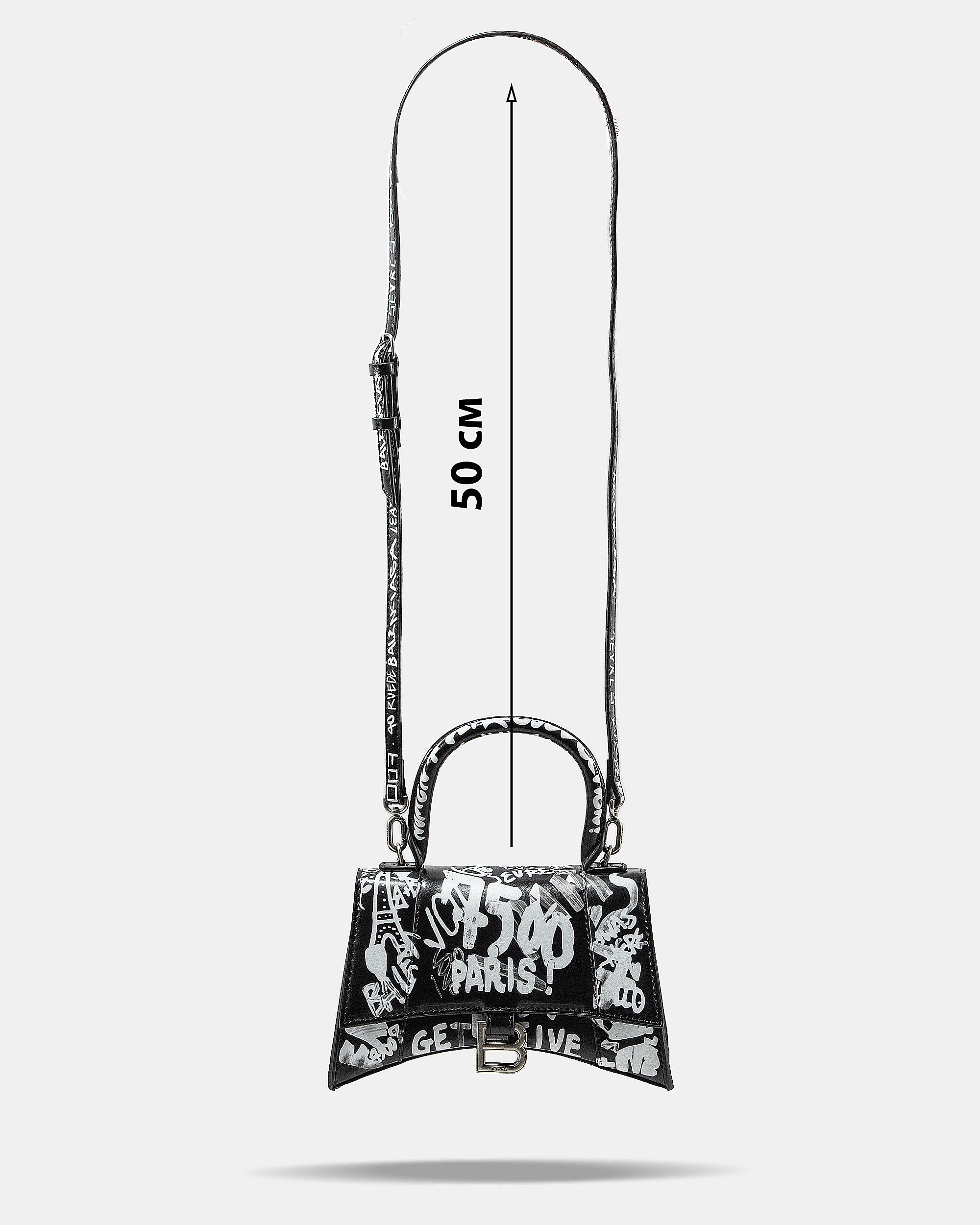 BALENCIAGA HOURGLASS GRAFFITI TOP HANDLE BAG IN BLACK
