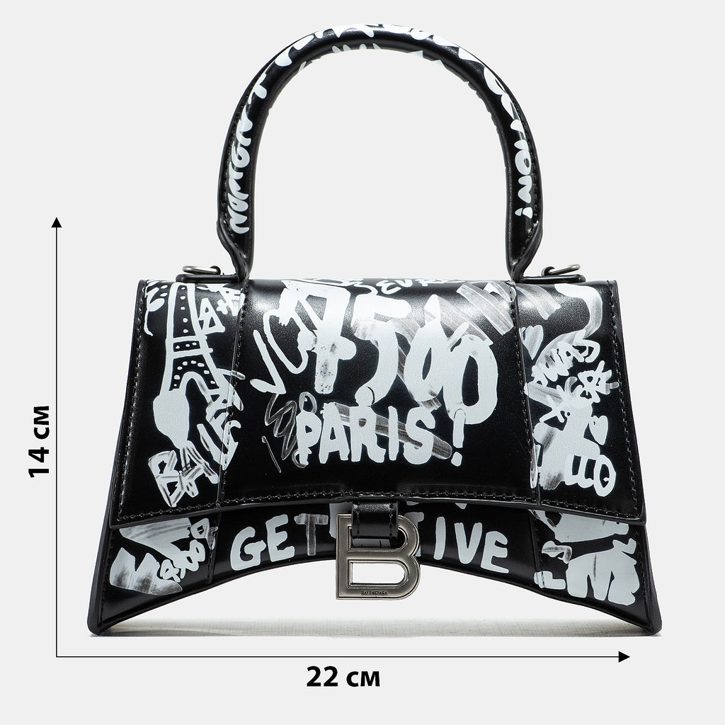 BALENCIAGA HOURGLASS GRAFFITI TOP HANDLE BAG IN BLACK