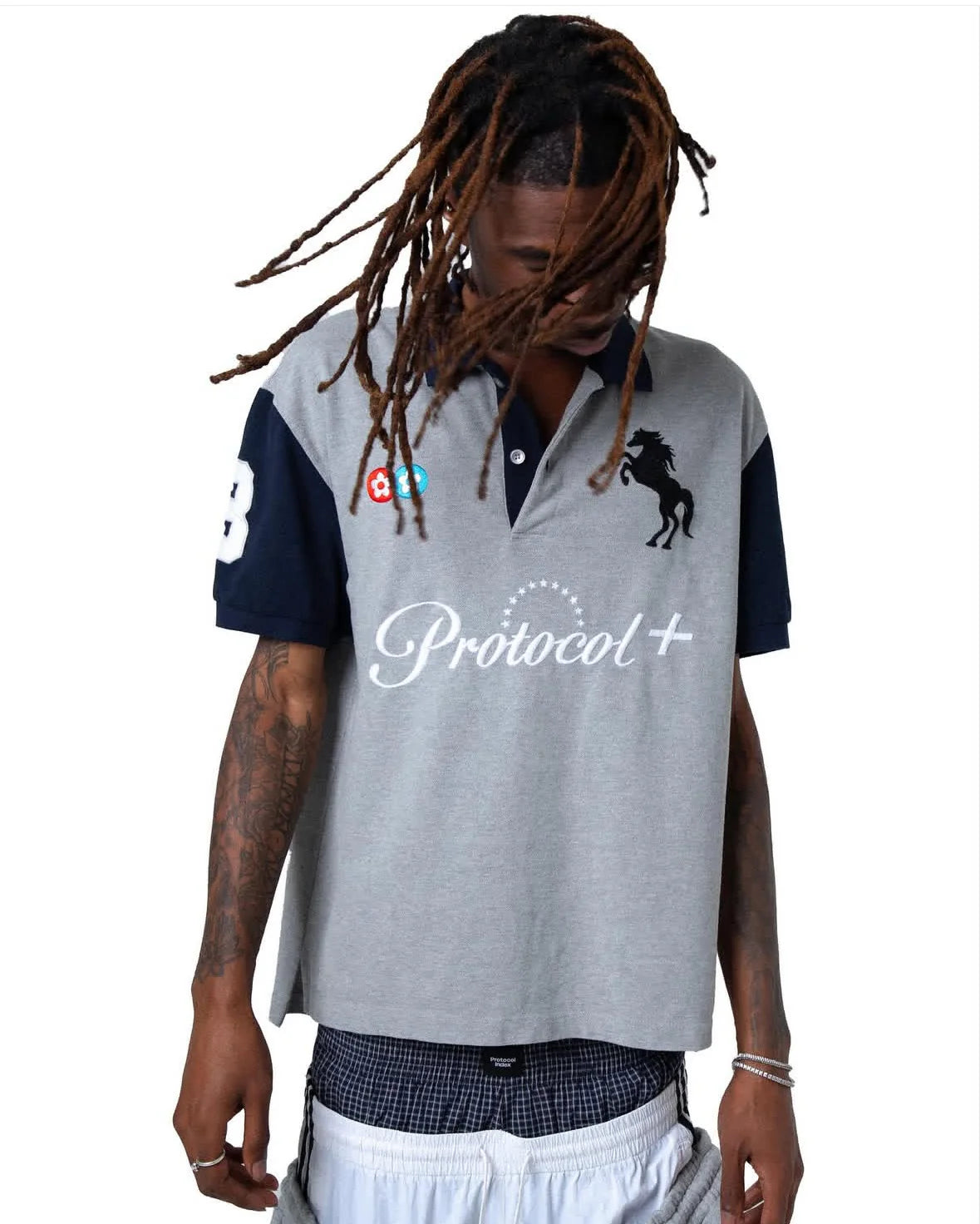 PROTOCOL INDEX VTP PANELED PIQUE SHIRT IN MELANGE GREY