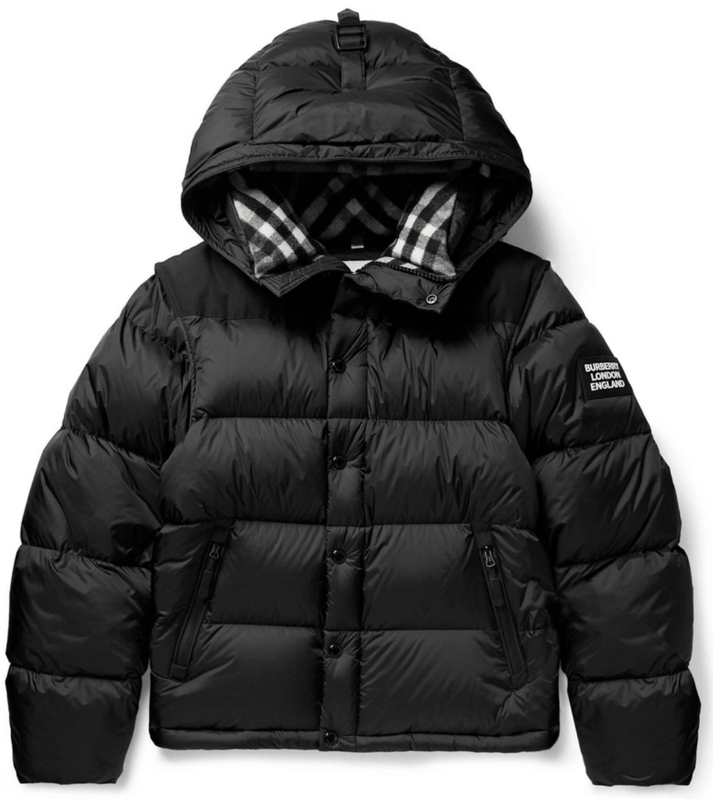 BURBERRY CONVERTIBLE CANVAS TRIMMED QUILTED NYLON HOODED DOWN JACKET BLACK