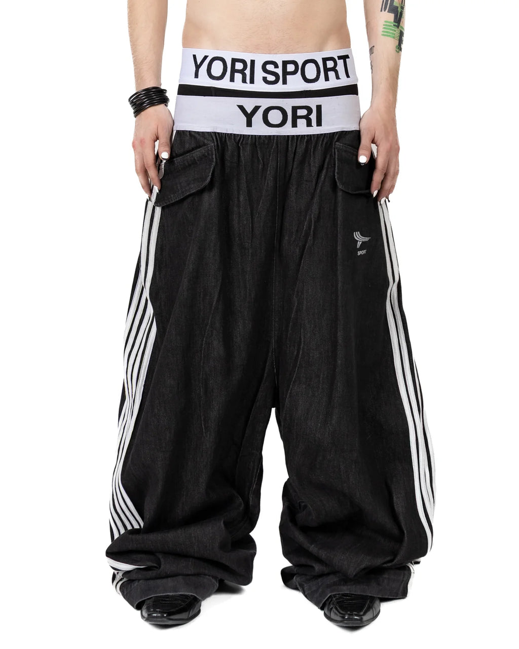 YORI SPORT 5-STRIPE ELASTIC DENIM “BLACK/WHITE”