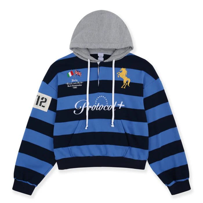 PROTOCOL INDEX FW 25 STRIPE POLO HOODIE IN BLUE