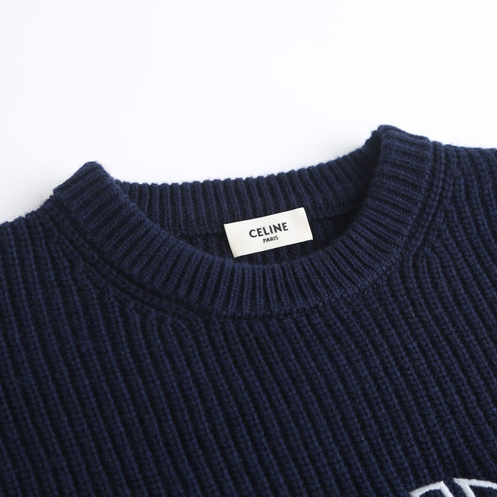 CELINE LOGO-EMBROIDERED RIBBED WOOL SWEATER