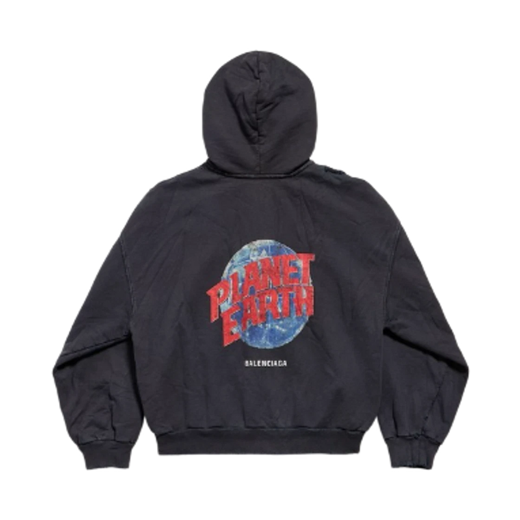 BALENCIAGA PLANET EARTH REGULAR FIT ZIP-UP HOODIE BLACK