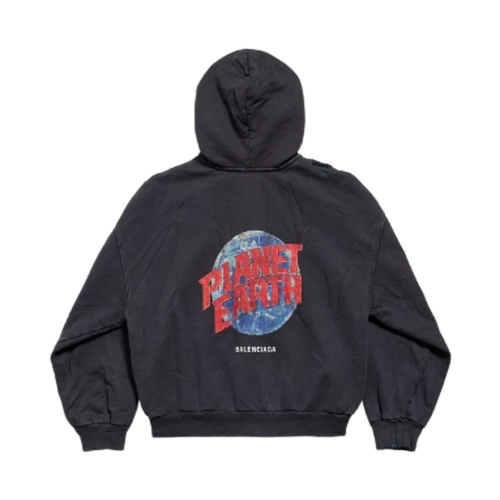 BALENCIAGA PLANET EARTH REGULAR FIT ZIP-UP HOODIE BLACK