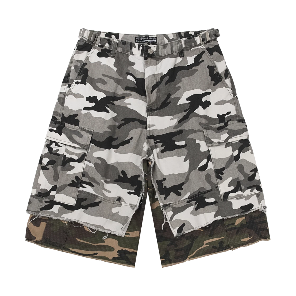 PROJECT G/R X MFM333 LAYERED SKIRT CAMO CARGO SHORTS MULTI CAMO