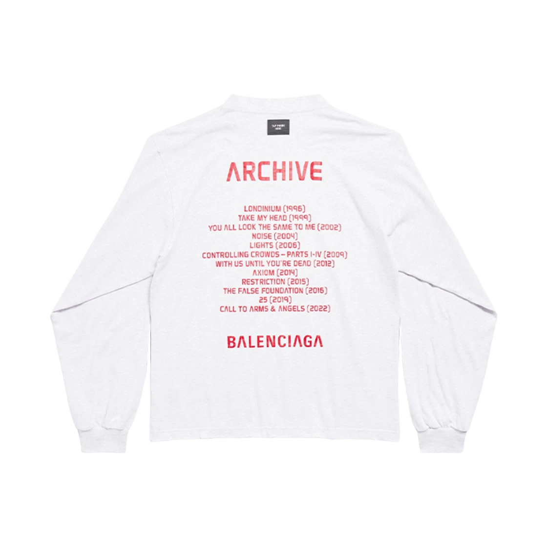 BALENCIAGA MUSIC ARCHIVE SERIES CONNECTED LONG SLEEVE T-SHIRT MEDIUM FIT LIGHT GREY RED