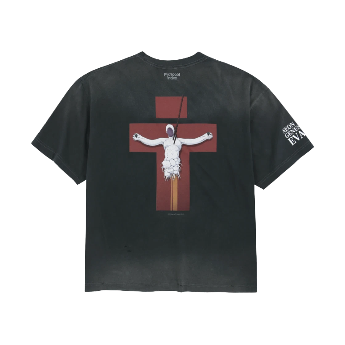 PROTOCOL INDEX X EVANGELION OVERDYED VINTAGE MASS PRODUCTION T-SHIRT CHARCOAL