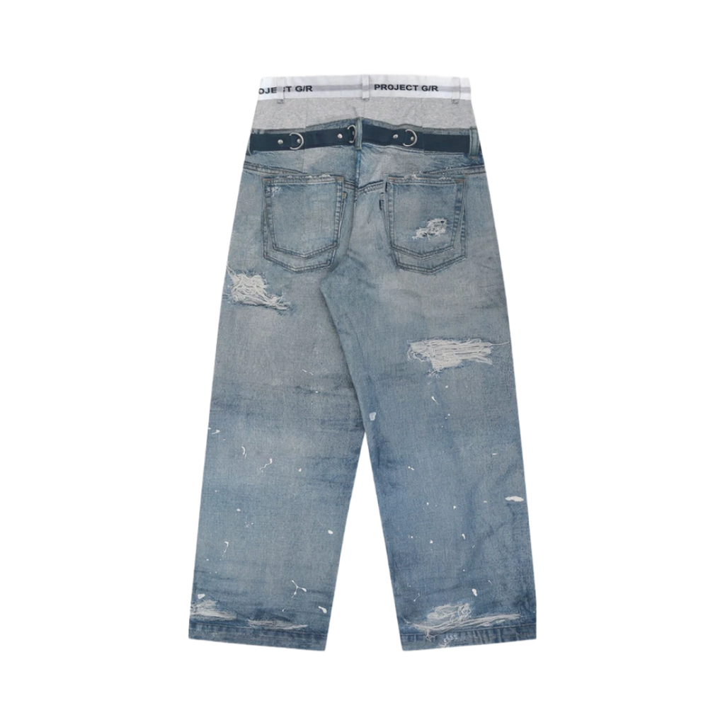 PROJECT G/R TROMPE-L’OEIL DENIM PRINTED PANTS BLUE