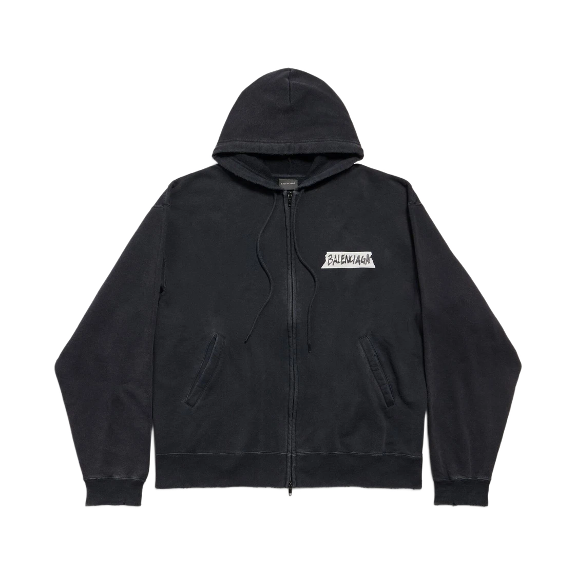 BALENCIAGA MASKING TAPE OVERSIZED ZIP-UP HOODIE FADED BLACK