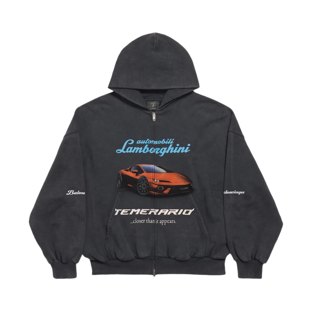 BALENCIAGA X AUTOMOBILI LAMBORGHINI ZIP-UP HOODIE SMALL FIT BLACK FADED