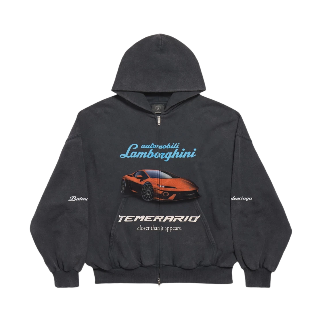 BALENCIAGA X AUTOMOBILI LAMBORGHINI ZIP-UP HOODIE SMALL FIT BLACK FADED