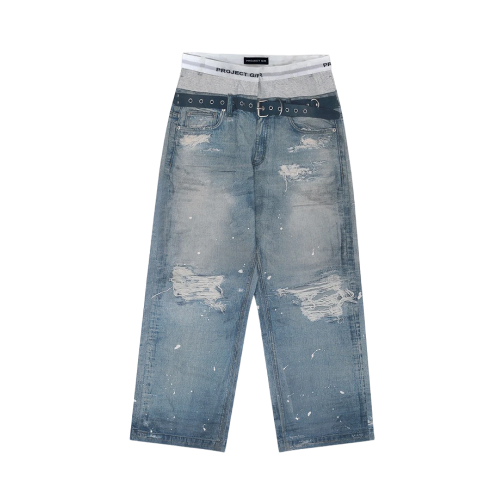 PROJECT G/R TROMPE-L’OEIL DENIM PRINTED PANTS BLUE
