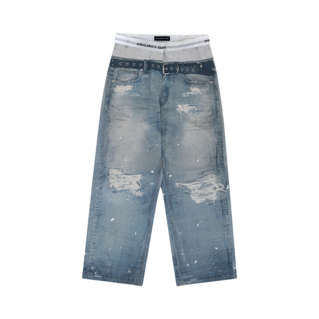 PROJECT G/R TROMPE-L’OEIL DENIM PRINTED PANTS BLUE