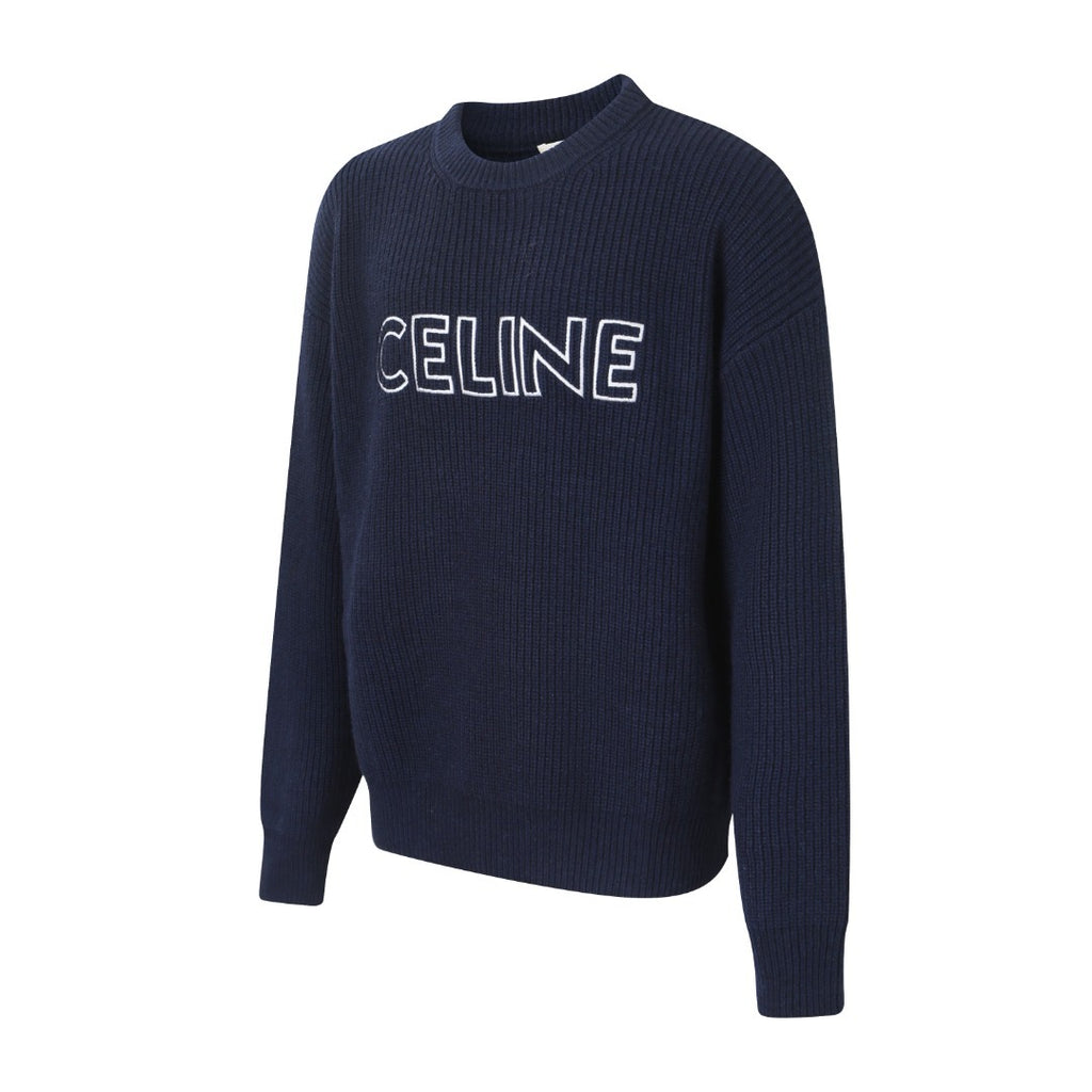 CELINE LOGO-EMBROIDERED RIBBED WOOL SWEATER
