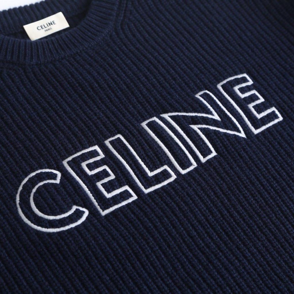 CELINE LOGO-EMBROIDERED RIBBED WOOL SWEATER