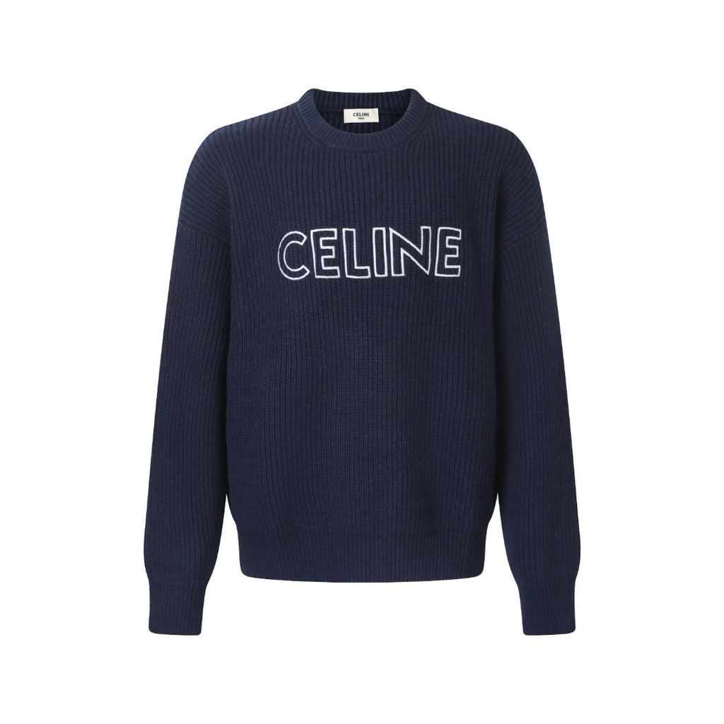 CELINE LOGO-EMBROIDERED RIBBED WOOL SWEATER