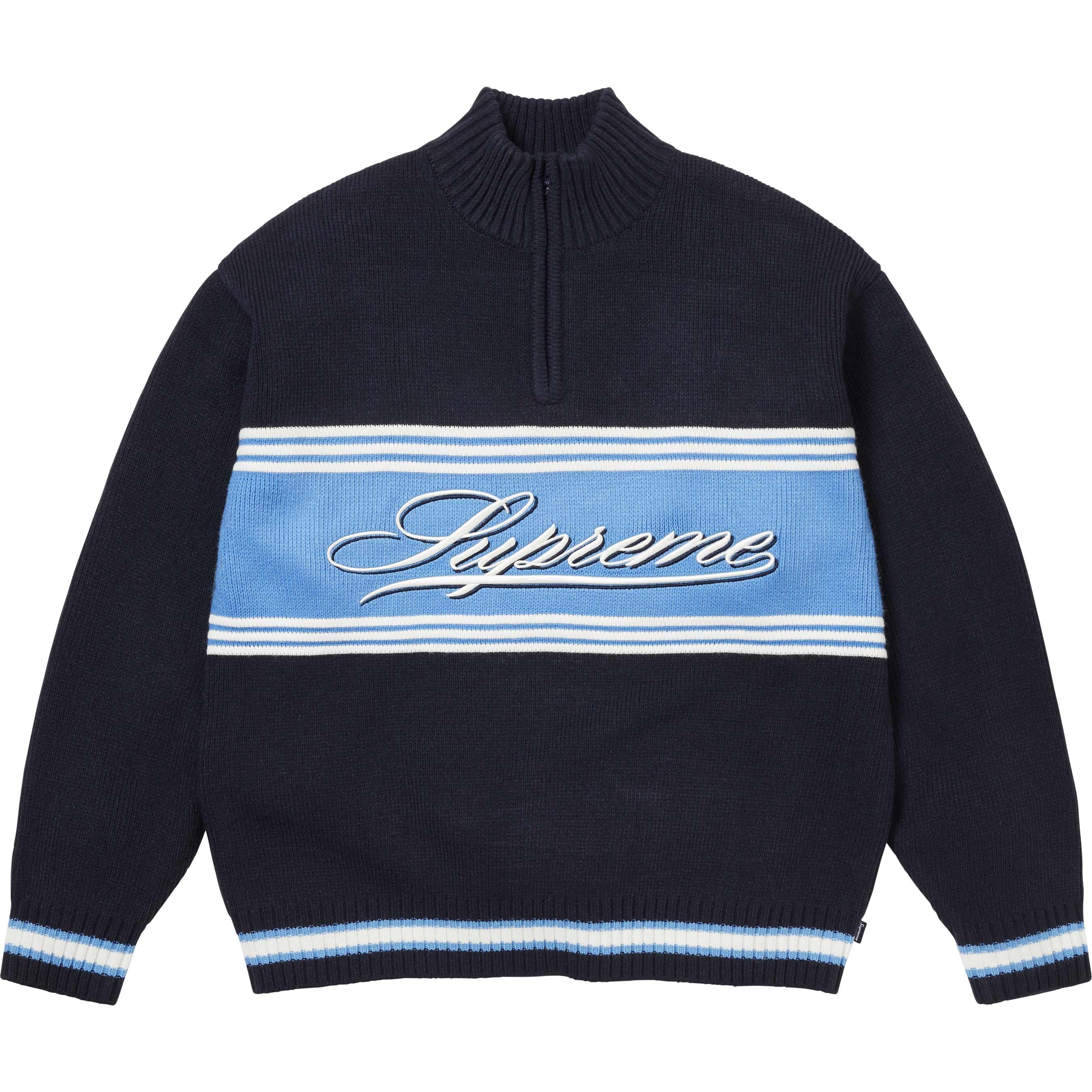 SUPREME SCRIPT STRIPE HALF ZIP SWEATER