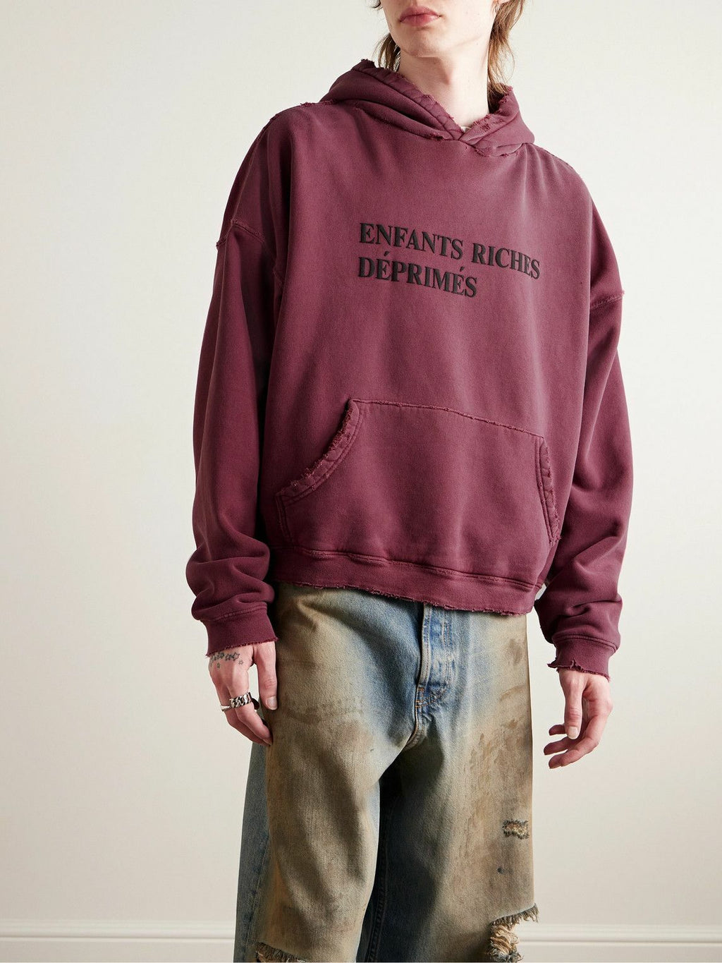 ENFANTS RICHES DÉPRIMÉS THRASHED DISTRESSED LOGO-PRINT COTTON-JERSEY HOODIE IN BURGUNDY