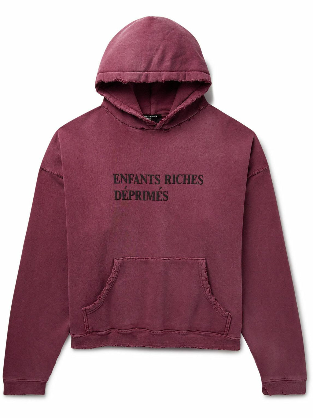 ENFANTS RICHES DÉPRIMÉS THRASHED DISTRESSED LOGO-PRINT COTTON-JERSEY HOODIE IN BURGUNDY