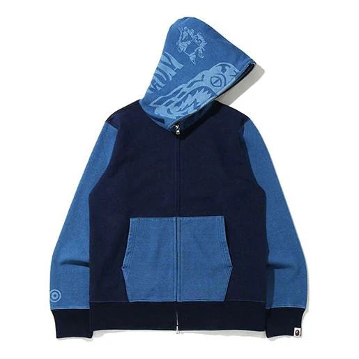 A BATHING APE BAPE SHARK SPLICING HOODED ZIPPER IN NAVY BLUE