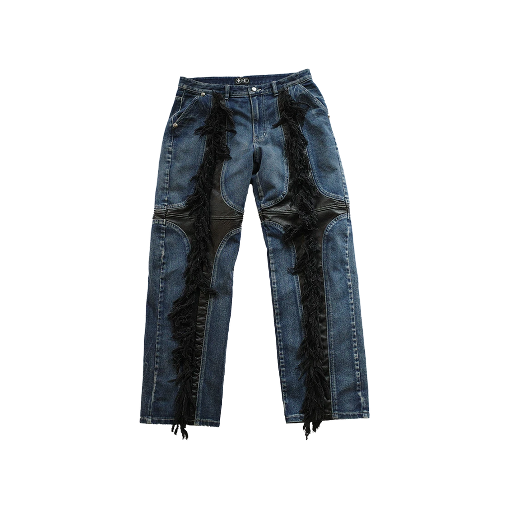 THUG CLUB MOHICAN LEATHER DENIM PANTS BLUE BLACK - 24FW