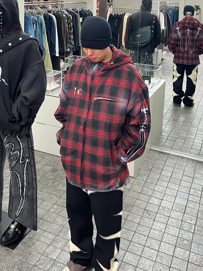 THUG CLUB ARAB SWORD FLANNEL ZIP-UP RED