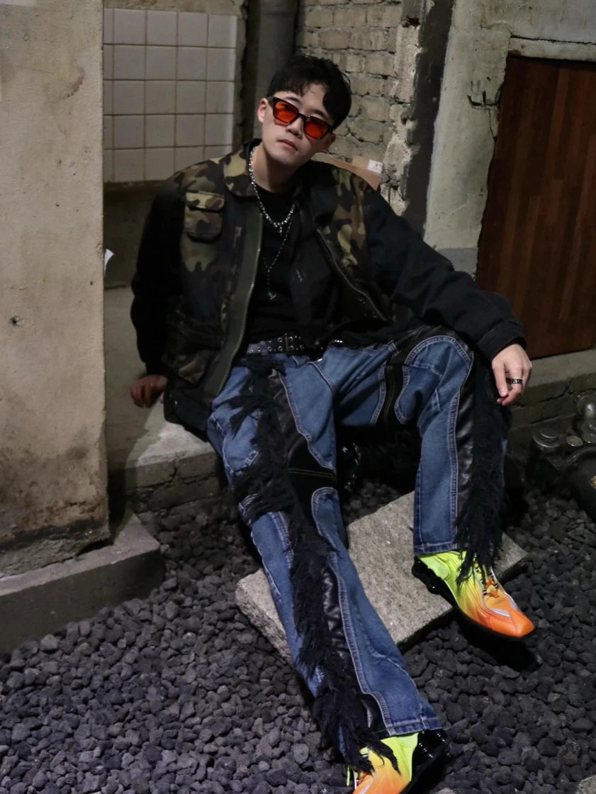 THUG CLUB MOHICAN LEATHER DENIM PANTS BLUE BLACK - 24FW