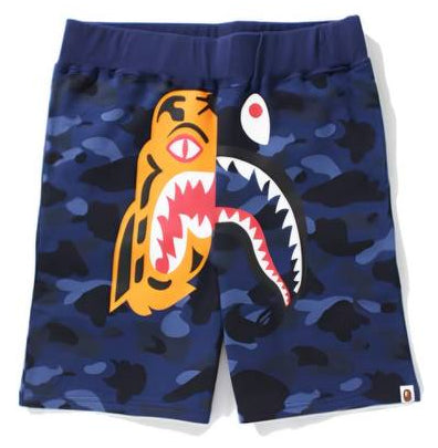 A BATHING APE BAPE TIGER SHARK SHORTS IN BLUE