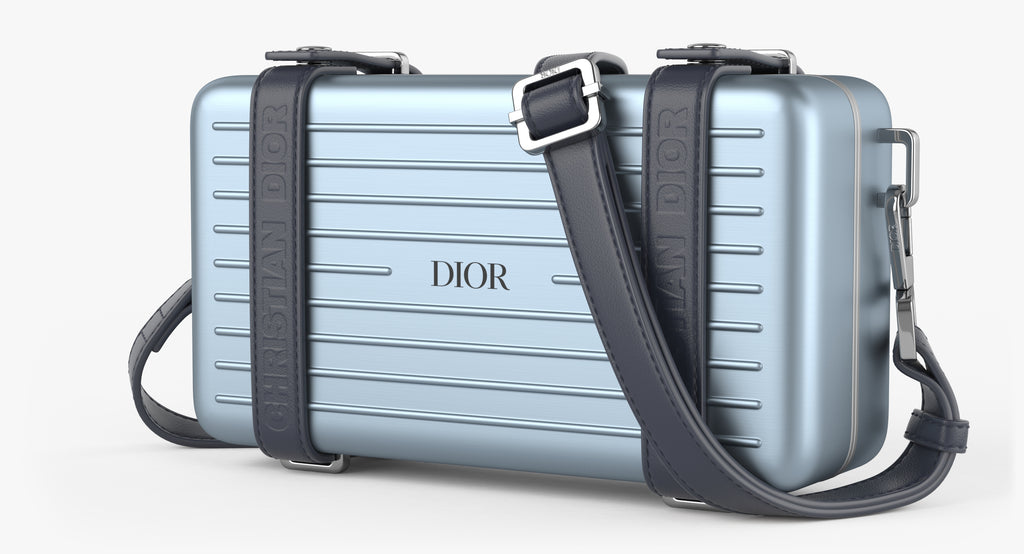 DIOR X RIMOWA PERSONAL CLUTCH ON STRAP IN LIGHT BLUE