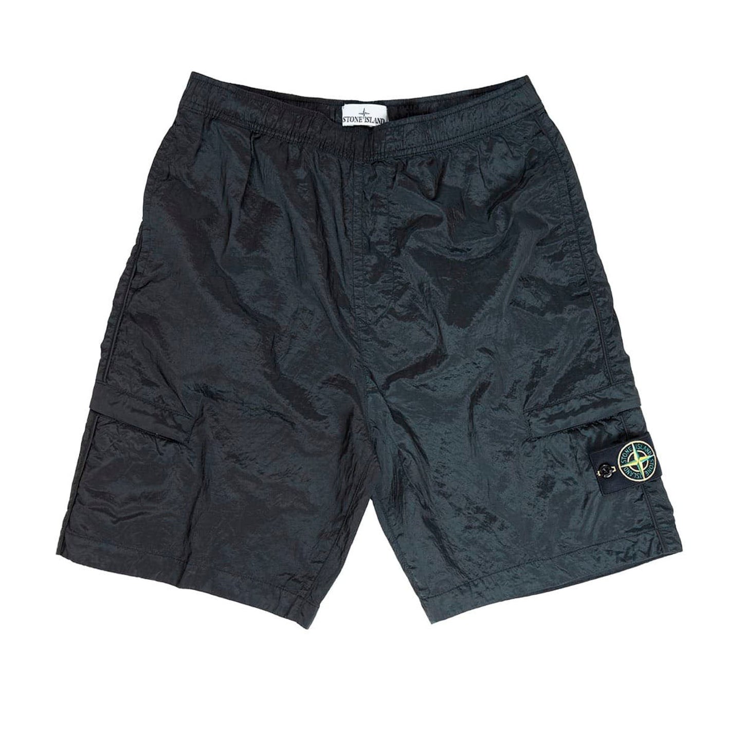 STONE ISLAND LOGO PATCH NYLON SHORTS IN BLACK